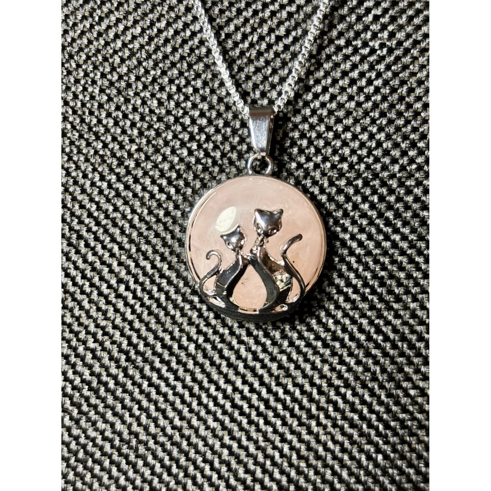 Rose Quartz Cat Pendant Necklace Stainless Steel Silver Tone Star Back 24"